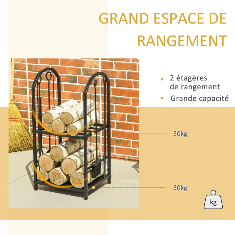 Outsunny Porte-bûches range bûches 2 niveaux étagère à bois de cheminée serviteur de cheminée multi-accessoires 2 étagères dim. 41,5L x 32,5l x 74,5H cm métal noir