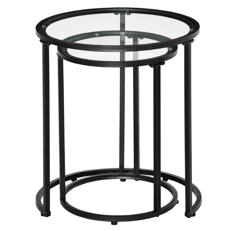 HOMCOM Juego de 2 Mesitas Auxiliares Anidadas con Estructura de Metal y Encimera de Cristal Ø50x58 cm y Ø37x51 cm Negro