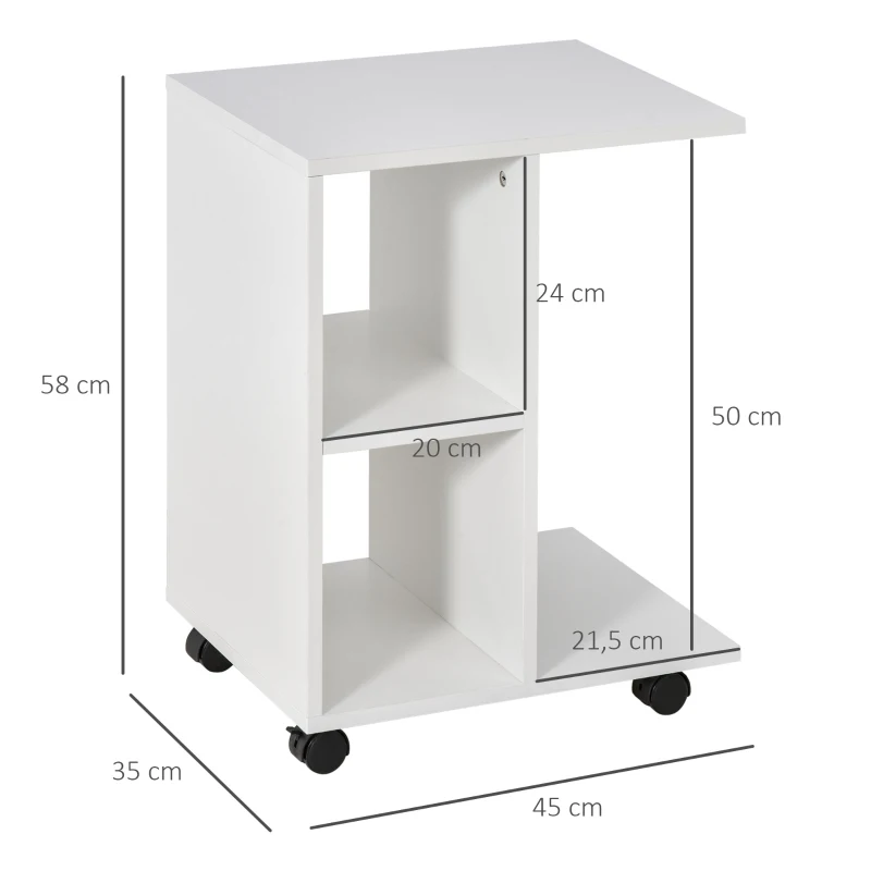 HOMCOM Mesita Auxiliar con Ruedas Mesa para Sofá en Forma de C con Estantes Abiertos para Salón 45x35x58 cm Blanco