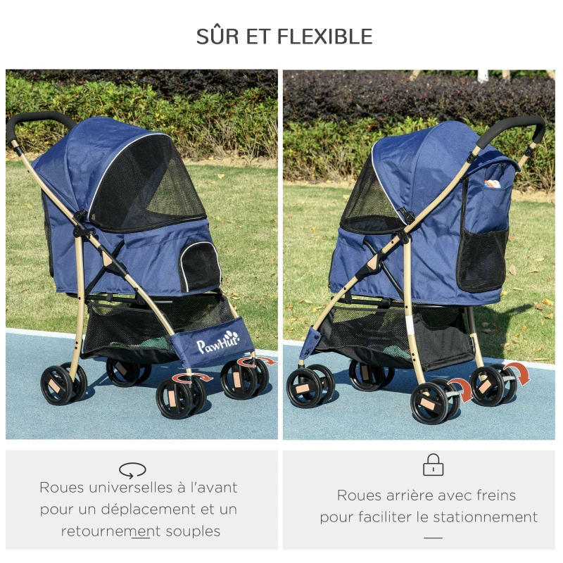 PawHut Poussette pour chien buggy pliable panier laisses de sécurité coussin inclus roues avec frein tissu 600D Oxford acier