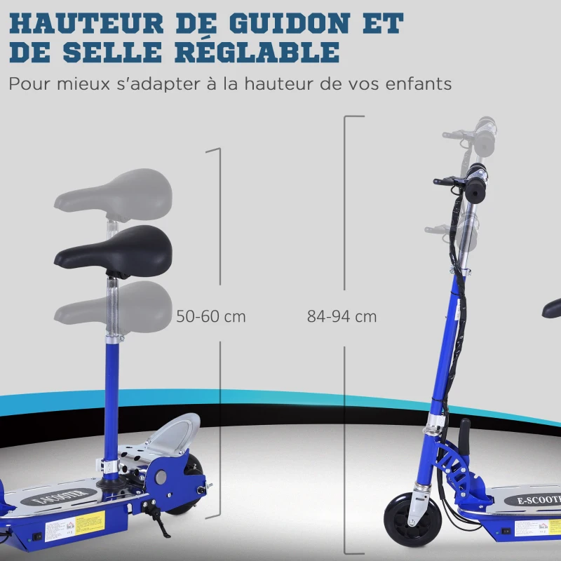 HOMCOM Trottinette électrique 120 W pliable pour enfant de 7 à 12 ans hauteur guidon et selle réglable 10 Km/h max. bleu