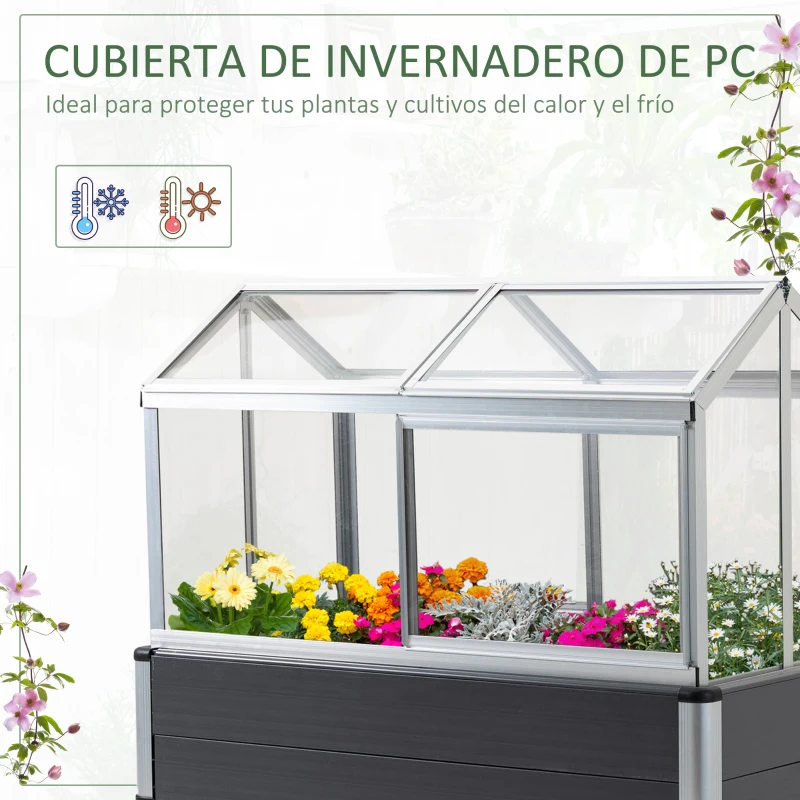Outsunny Huerto Urbano Elevado 113,5x61x128,5 cm con Cubierta de Policarbonato con Techos Abatibles y Ventanas Correderas Marco de Aluminio y PVC para Plantas Flores Gris