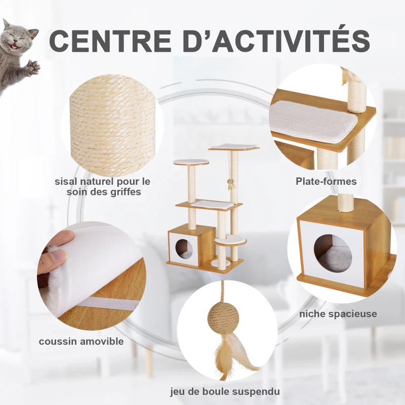 PawHut Arbre à chats design contemporain griffoirs grattoirs sisal naturel centre d'activités niche plate-formes jeu boule suspendue 83L x 75l x 120H cm MDF hêtre clair