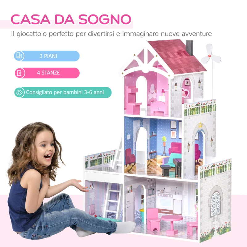 HOMCOM Casa delle Bambole in Legno a 3 Piani con Scale e Accessori per Bambini 3-6 Anni, 60x29x85cm, Rosa