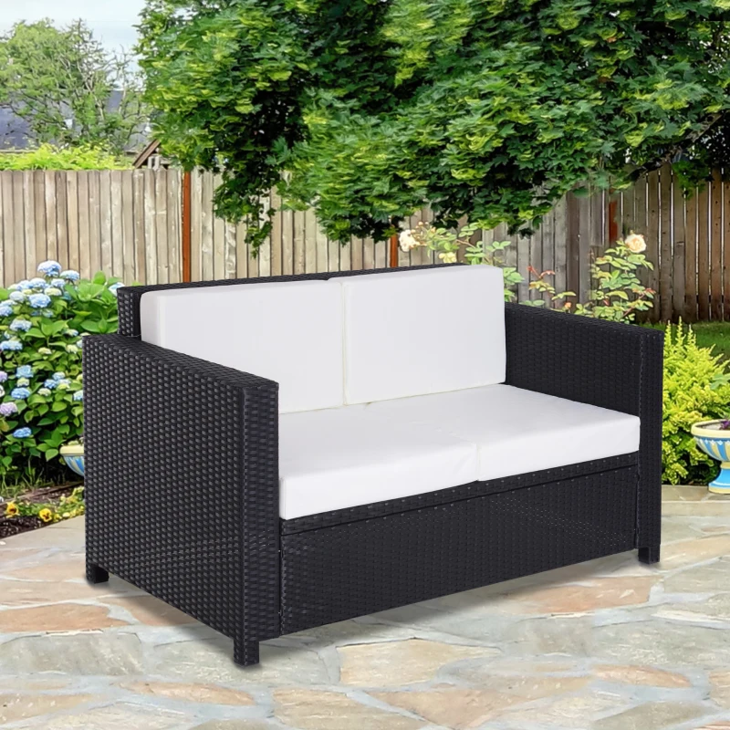 Outsunny Canapé de jardin 2 places canapé droit 4 coussins déhoussables 130L x 70l x 80H cm résine tressée noire