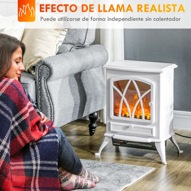 HOMCOM Chimenea Eléctrica 1000W/2000W con Efecto de Llama y Protección Sobrecalentamiento para 15-30 ㎡ 45x28,5x54 cm Blanco