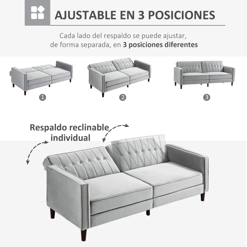 HOMCOM Sofá Cama de 3 Plazas Sofá Cama Convertible de Terciopelo con Respaldo Reclinable y Patas de Madera 189x80,5x78,5cm Gris