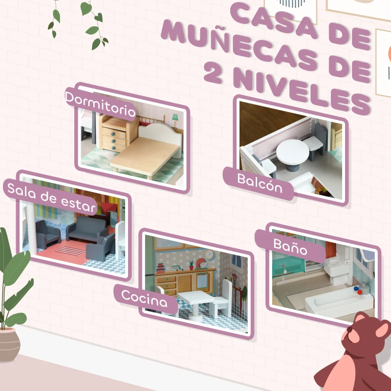 AIYAPLAY Casa de Muñecas con Muebles y Accesorios con Balcón 2 Pisos Juguete para Niños y Niñas a Partir de 3 Años Multicolor