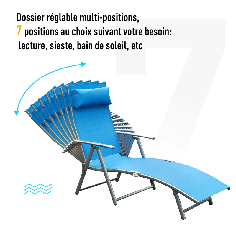Outsunny transat Chaise Longue Bain de Soleil Pliable Dossier inclinable Multi-Positions têtière fournie 137L x 64l x 101H cm métal époxy textilène Bleu