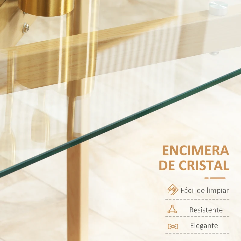 HOMCOM Mesa de Comedor para 4 Personas con Encimera de Cristal y Patas de Acero Efecto Madera 120x60x76 cm Transparente