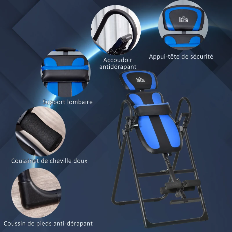 HOMCOM Table d'inversion pliable réglable entraîneur de gravité pour thérapie du dos avec coussins de cheville jusqu'à 110kg