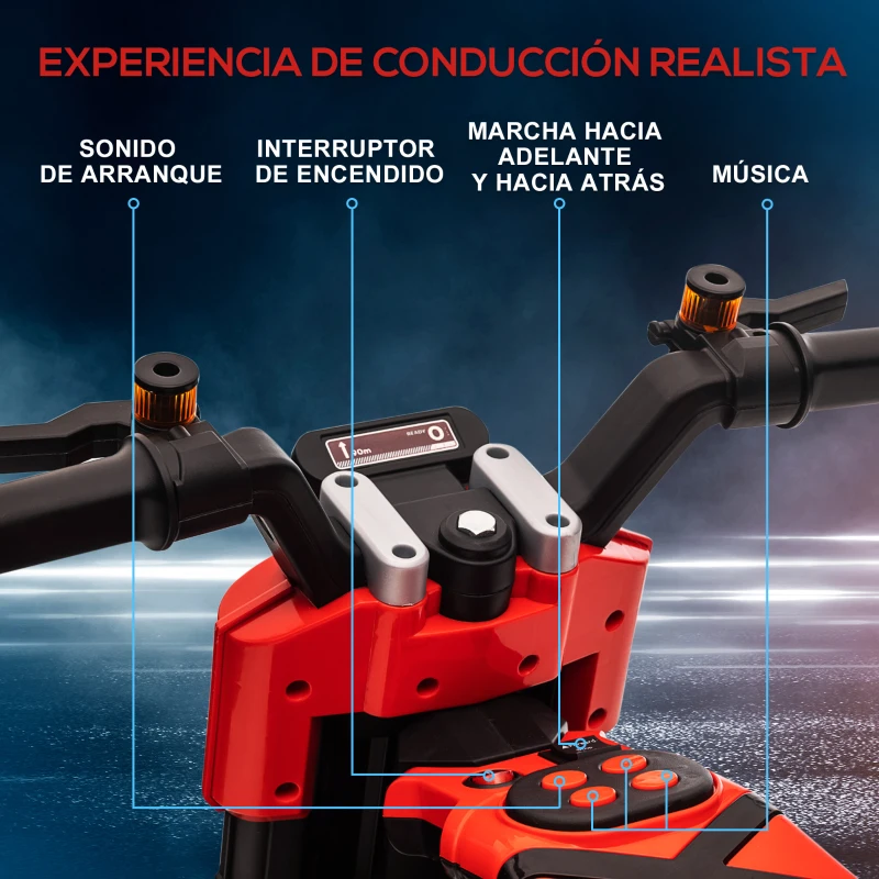 HOMCOM Moto Eléctrica Infantil con Faros Música Bocina Velocidad 3 km/h para Niños de 3-5 Años 86x44x58cm Negro y Rojo