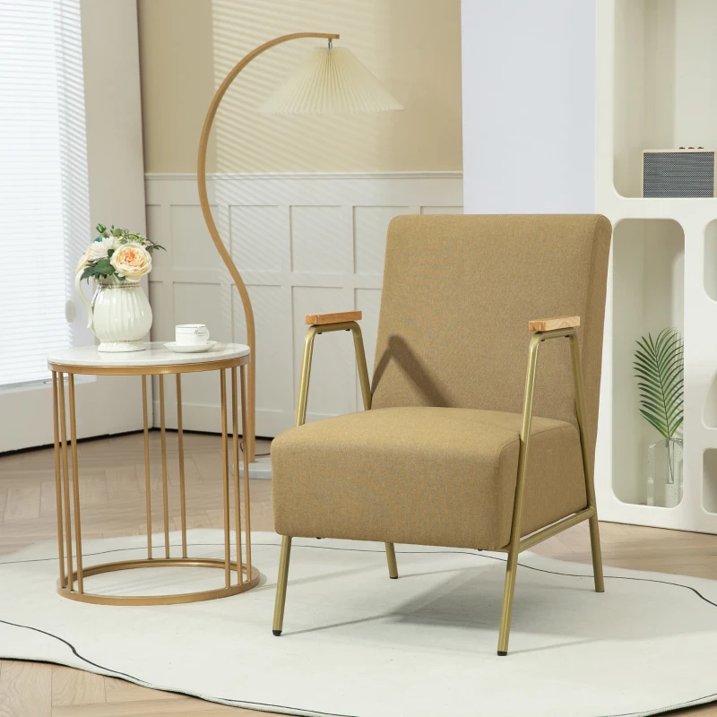 HOMCOM Poltrona Moderna in Tessuto Effetto Lino per Soggiorno e Camera da Letto, 62x81x92 cm, Marrone e Oro