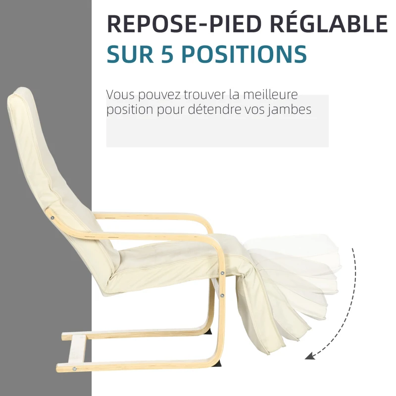 HOMCOM Fauteuil Relax Confort et Relaxation avec Repose-Pied réglable déhoussable 94 x 66,5 x 100 cm cm Bois Massif Crème