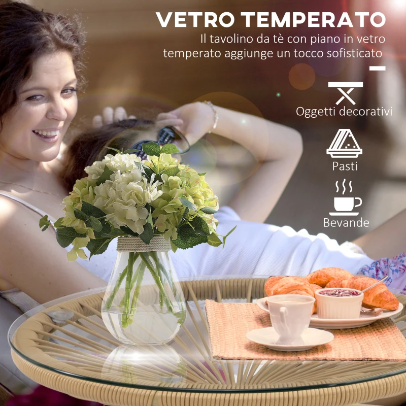 Outsunny Tavolino da Giardino Rotondo Stile Boho in Rattan PE e Vetro, Ø50x50cm, Beige