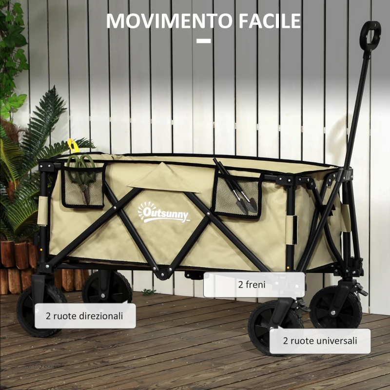 Outsunny Carrello da Giardino Pieghevole da 78L in Acciaio, tessuto Oxford e Plastica, 105x52x70-110 cm, color Kaki