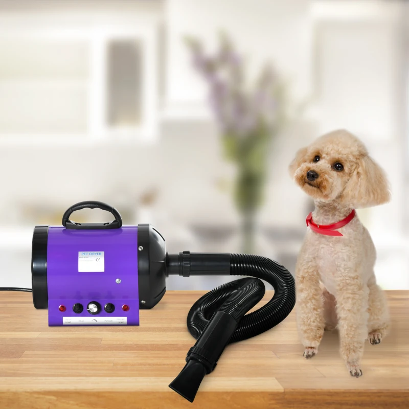 PawHut Dog Hair Dryer Pet Grooming Blaster Dryer Blower Adjustable Temperature Speed with 2.1M Flexible Hose 3 Nozzles - Purple