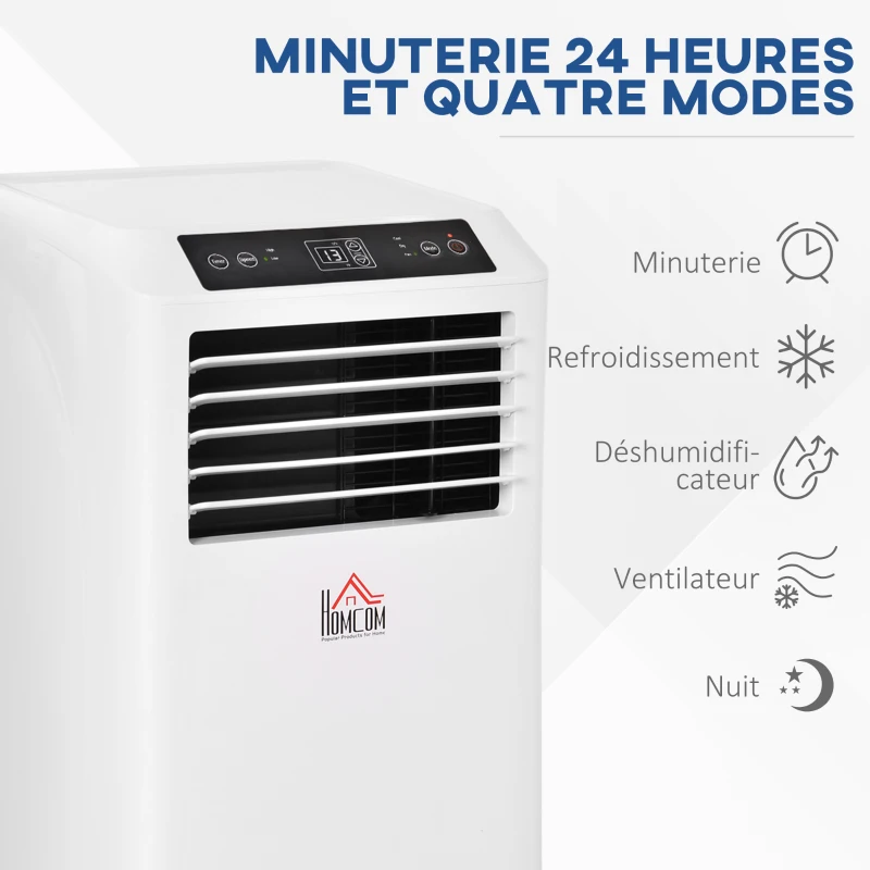 HOMCOM Climatiseur portable 9.000 BTU/h 2,6KW - ventilateur, déshumidificateur - réfrigérant naturel R290 - capacité de couv. max. de 28 m² - télécommande - débit d'air 360 m³/h - blanc