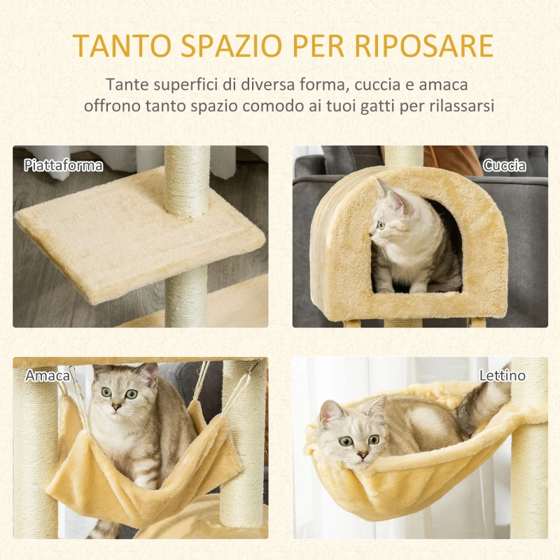 PawHut Tiragraffi per Gatti Multilivello con Amaca e Casetta, Corde in Sisal Naturale, 55×30×100cm
