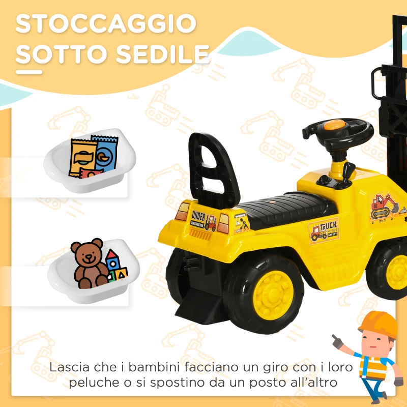 HOMCOM Trattore a Pedali per Bambini 3-4 Anni con Muletto e Spazio Portaoggetti, 86x27.5x47.5 cm, Giallo e Nero
