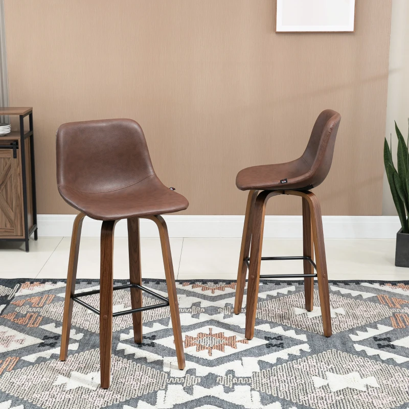 HOMCOM Bar Stools Set of 2, Breakfast Bar Chairs, PU Leather Upholstered Kitchen Stools with Backs and Wood Legs, Brown