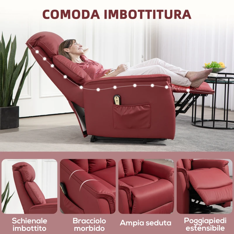 HOMCOM Poltrona Relax Reclinabile Alzapersone Elettrica con Telecomando e Poggiapiedi, 80x94x104cm Rosso
