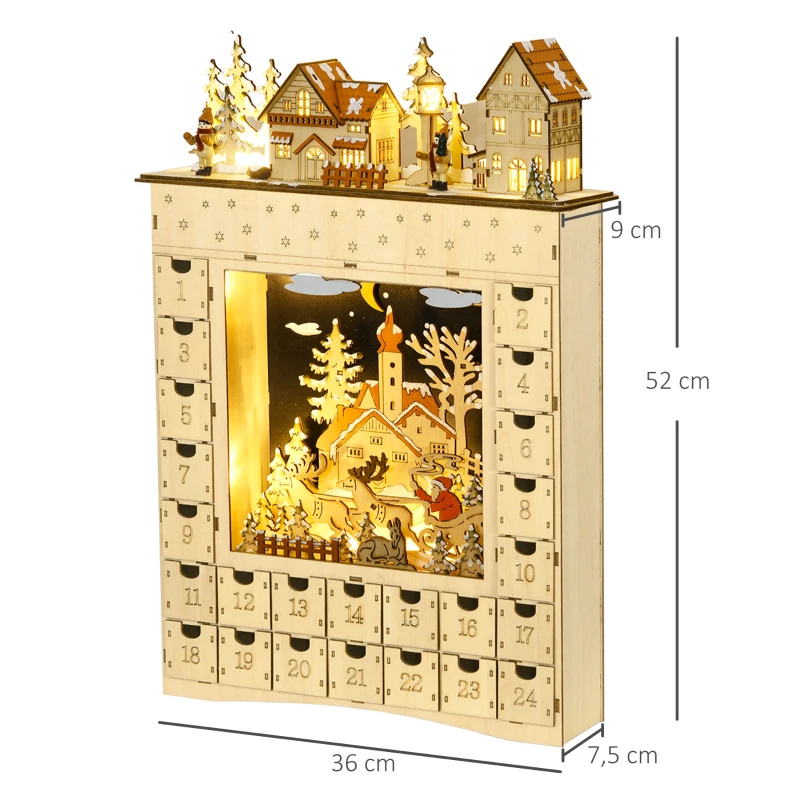 HOMCOM Calendrier de l'Avent LED en forme de village enneigé avec 24 tiroirs décoration lumineuse de Noël beige
