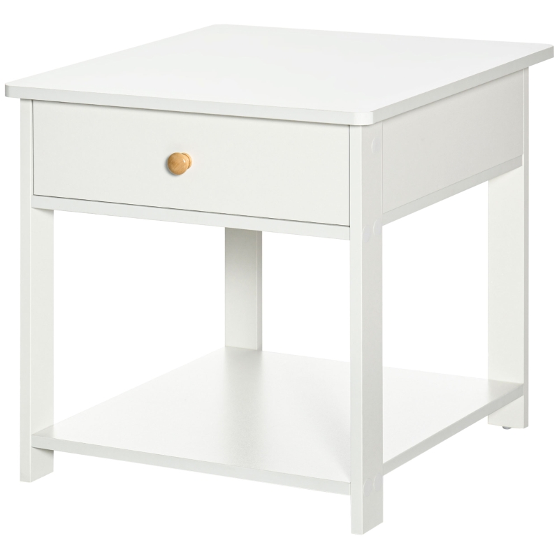 HOMCOM Bedside Table with Drawer and Bottom Shelf, Square Side End Table for Bedroom, Living Room, White