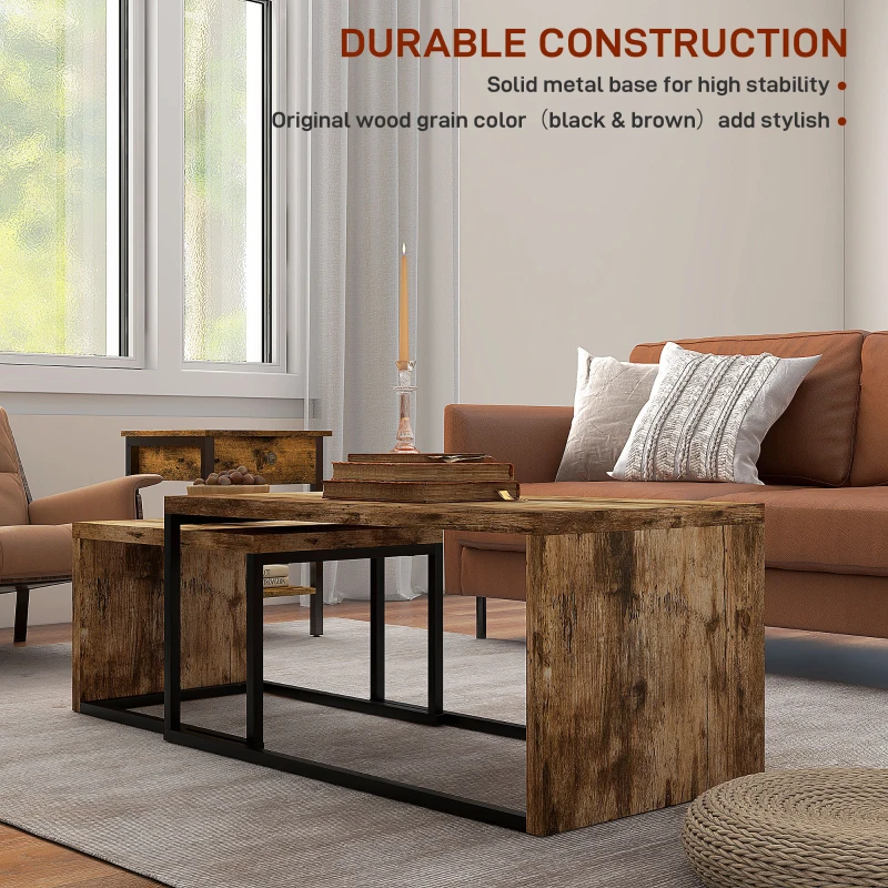 HOMCOM Nesting Coffee Table Set of 2, Industrial Stacking Side End Tables with Metal Frame for Living Room, Bedroom, Rustic Brown