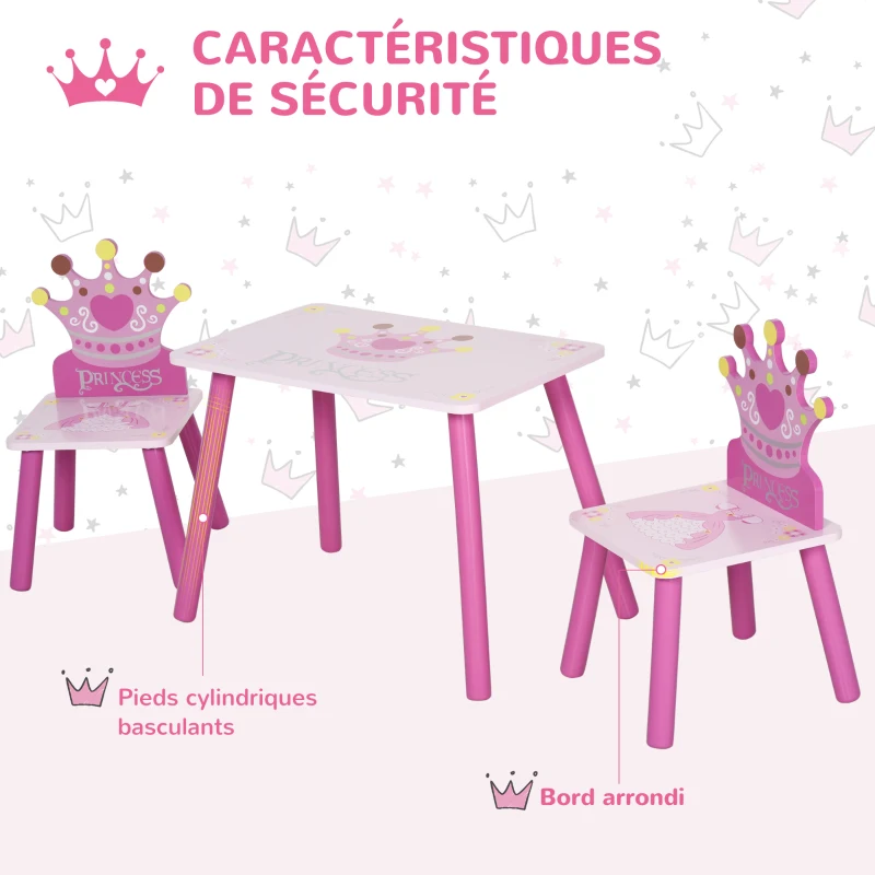 HOMCOM Ensemble table et 2 chaises enfant 3 pièces, pieds en bois massif, table enfant avec chaise motif couronne, pour filles et garçons de 2 à 4 ans, rose