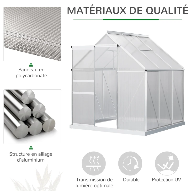 Outsunny Serre de Jardin en Polycarbonate 3,6 m² dim. 1,9L x 1,9l x 2H m avec Fondation, Lucarne réglable, Porte coulissante - Argent et Transparent