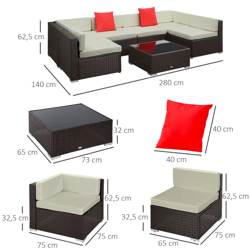 Outsunny Conjunto Muebles de Jardín Ratán 7 Piezas Set de Sofás Patio con 1 Mesita Almohada y Cojín Incluido Marco Acero Resistente Intemperie UV para Exterior Marrón