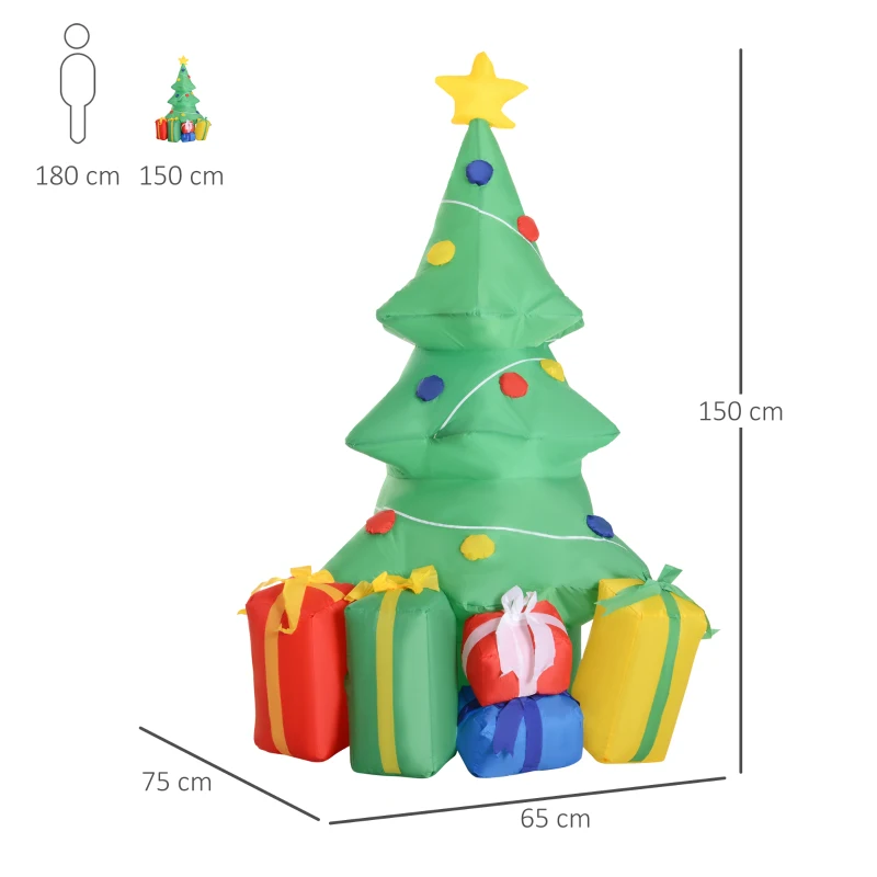 HOMCOM Albero di Natale Gonfiabile 150cm con 3 Luci LED, Gonfiatore e Accessori Montaggio, Addobbo Natalizio per Esterno