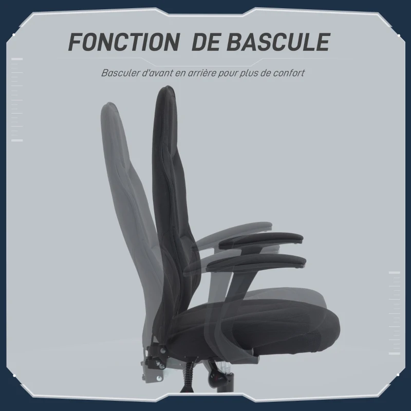 HOMCOM Fauteuil gamer à roulettes - fauteuil de bureau - hauteur assise réglable, accoudoirs - dossier inclinable - noir