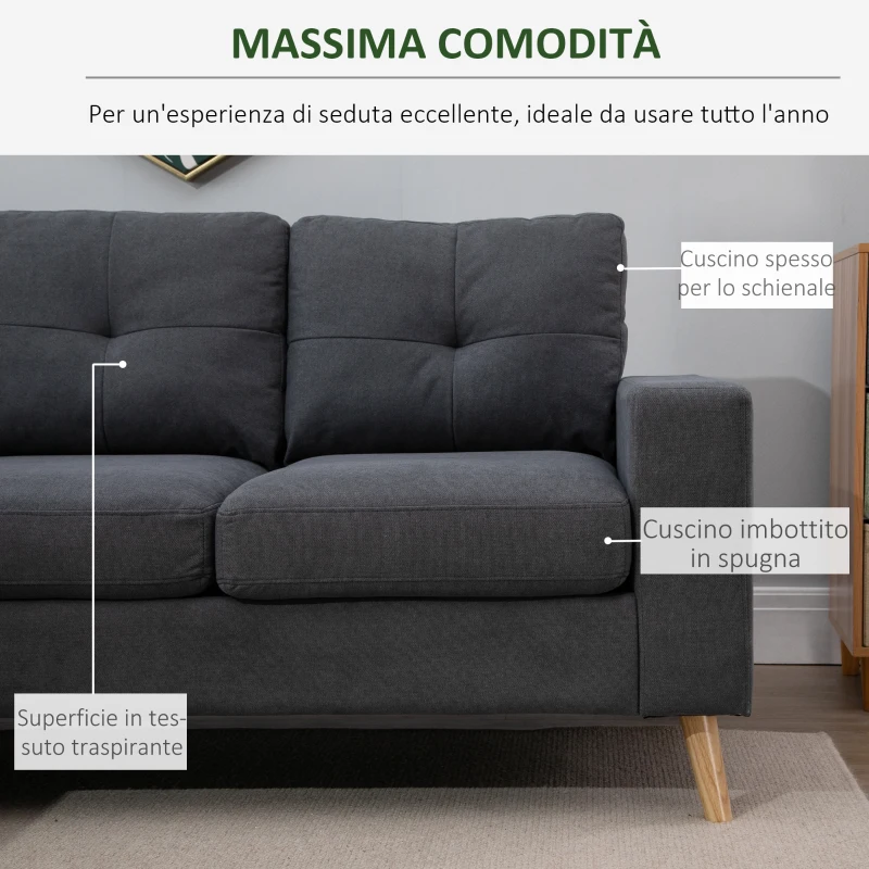 HOMCOM Divano Angolare 3 Posti, Divano ad Angolo con Penisola Reversibile 193x136x85 cm, Divanetto a L Convertibile Moderno con Cuscini Rimovibili in Tessuto Effetto Lino per Salotto e Soggiorno, Grigio