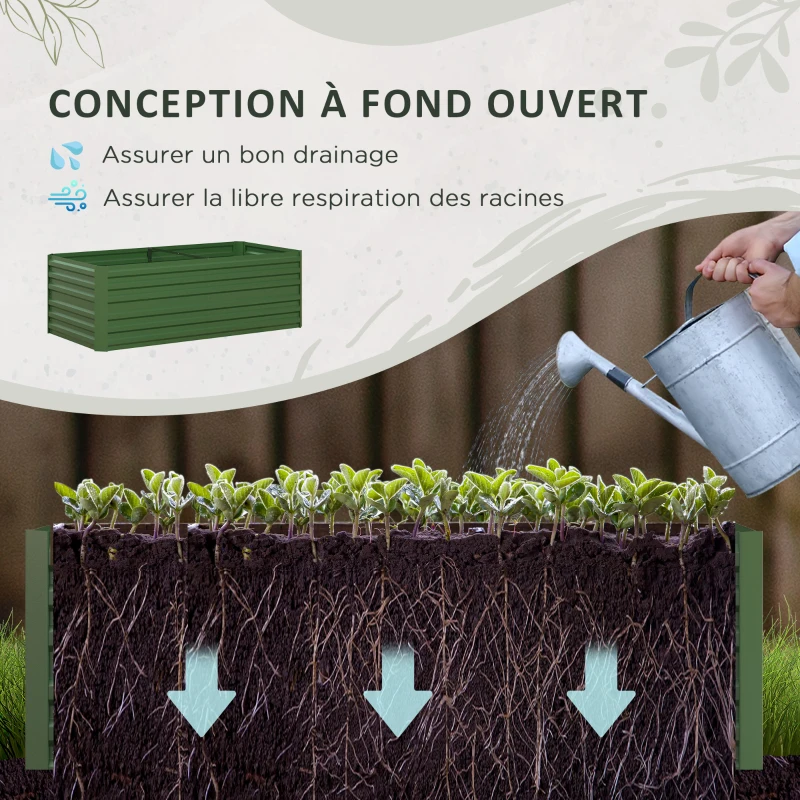 Outsunny Carré potager de jardin rectangulaire tubes de renforcement acier galvanisé 180 x 90 x 59 cm