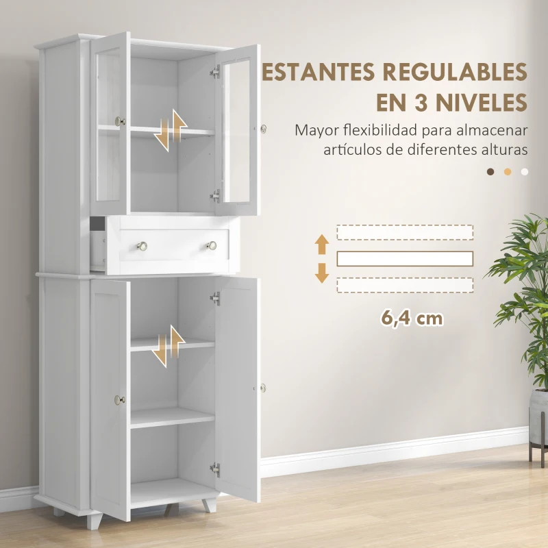 HOMCOM Alacena de Cocina Despensa Armario de Cocina con 2 Puertas de Vidrio Templado Cajón 61x35x168,5 cm Blanco(m-5)