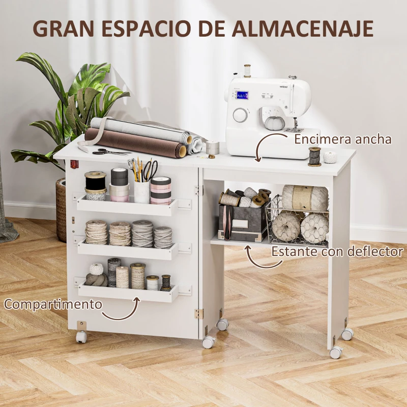 HOMCOM Mesa Plegable de Costura con Compartimentos de Almacenamiento Estante Abierto y 5 Ruedas para Dormitorio Salón Blanco