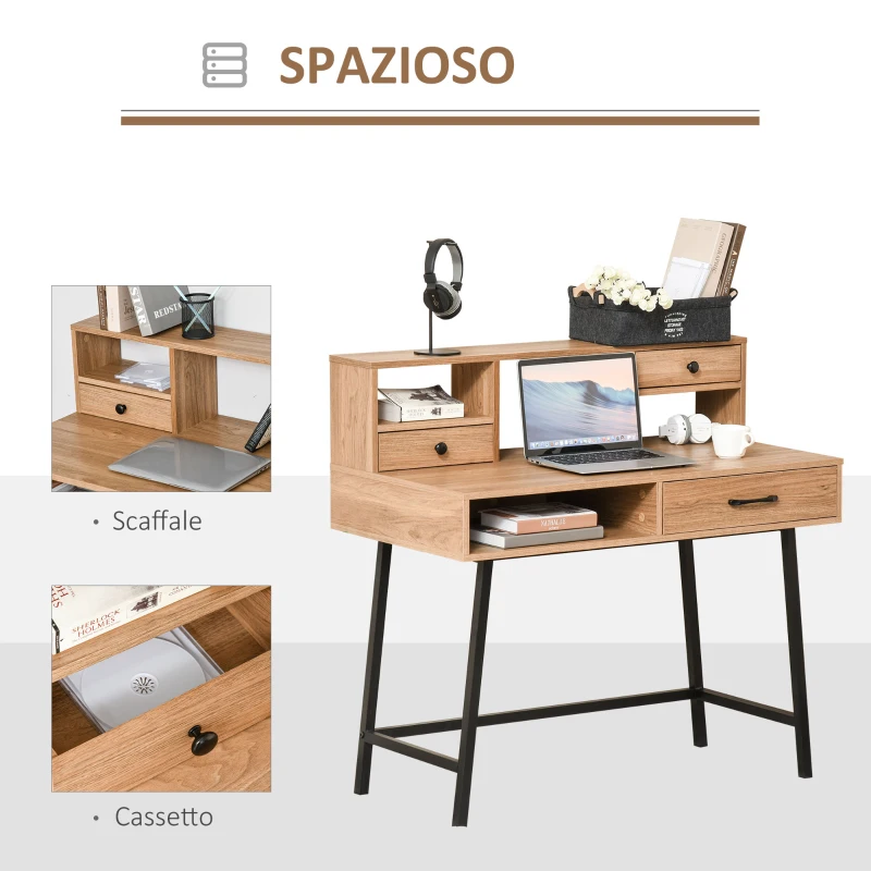 HOMCOM Scrivania Moderna per Ufficio e Camera, Scaffale con Cassetti e Mensole, 105x55x100cm, Colore Legno
