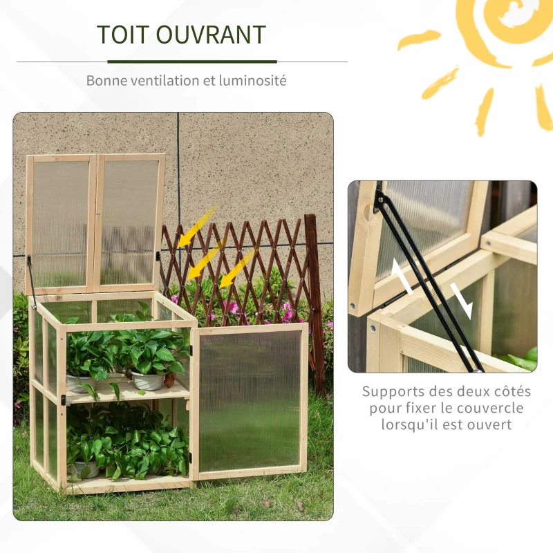 Outsunny Mini Serre de Jardin 2 Niveaux dim. 62L x 63l x 82H cm Porte et Panneau Toit ouvrant Bois Sapin traité Polycarbonate