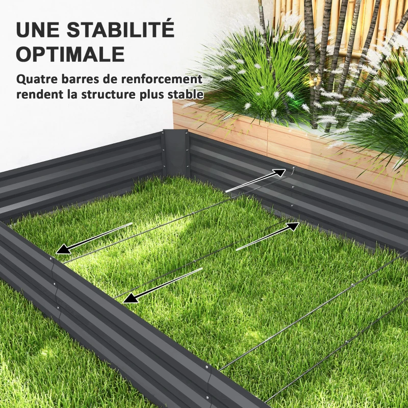 Outsunny Jardinière extérieure carré potager galvanisée avec bordure de sécurité et fond ouvert 240 x 120 x 30 cm gris foncé