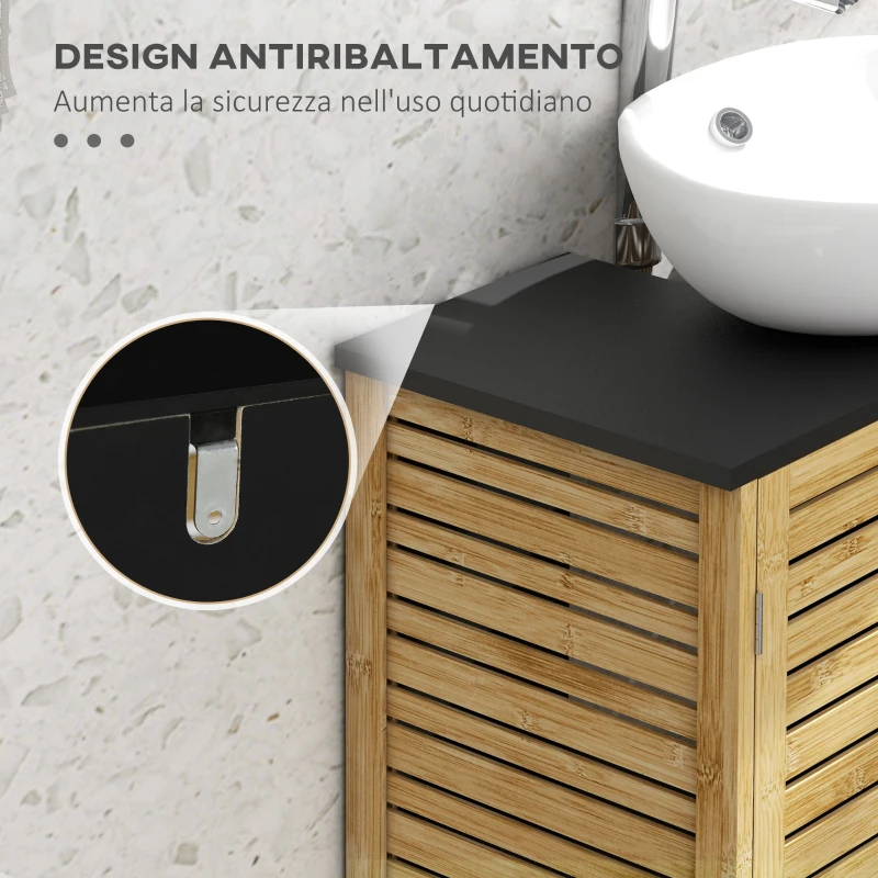 HOMCOM Mobile Sottolavabo Bagno con 2 Ante a Doghe, Porta Asciugamani e Intaglio a U, Legno e Nero