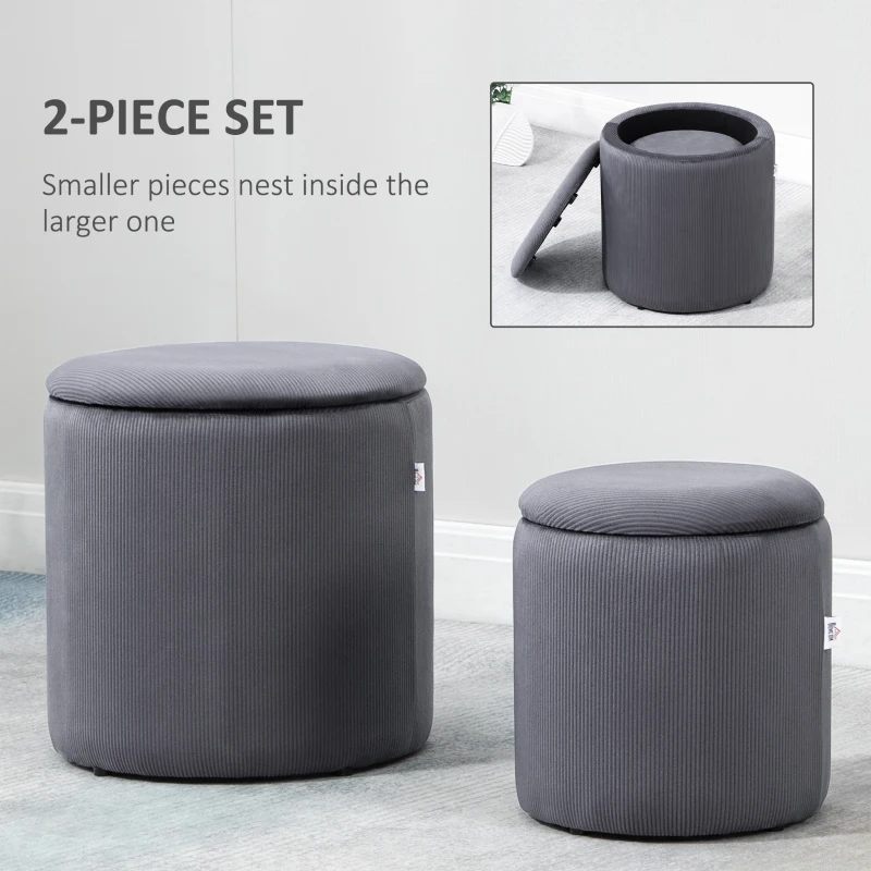 HOMCOM Set of 2 Round Ottoman with Storage, Fabric Vanity Stool for Makeup, Footrest Stool with Removable Lid for Living Room & Bedroom, Grey