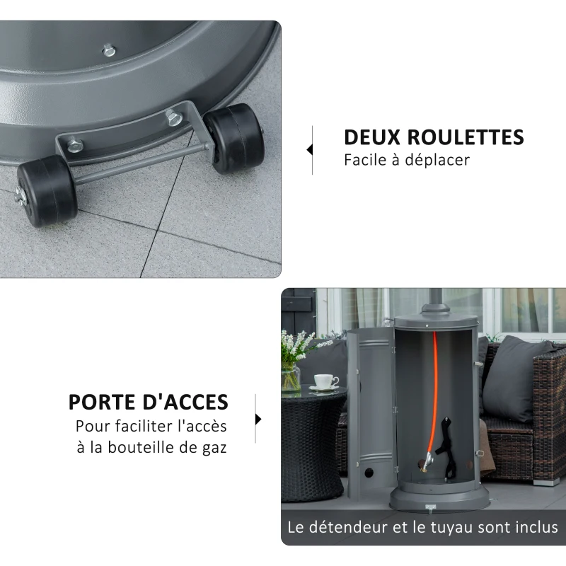 Outsunny Parasol Chauffant 12,5 KW Chauffage d'extérieur gaz Chauffage de terrasse - Double sécurité - Puissance réglable - roulettes - détendeur et tuyau de gaz fournis Acier INOX. Gris