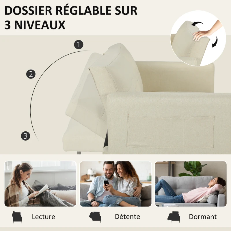 HOMCOM Canapé convertible 3 places, canapé clic-clac avec dossier réglable, canapé moderne en tissu, beige