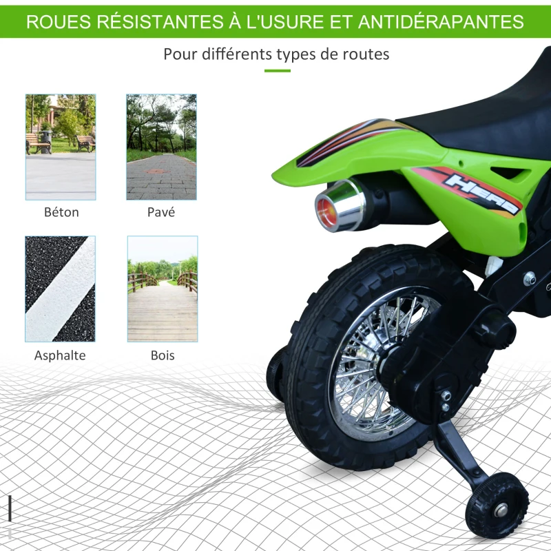 HOMCOM Motocross électrique 35 W Enfant 3 à 6 Ans dim. 109L x 52,5l x 70,5H cm roulettes Amovibles Vert