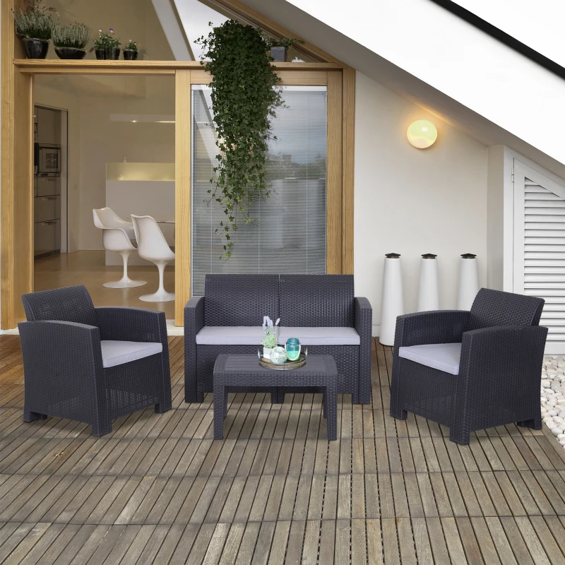 Outsunny Salon de Jardin 4 pers. 4 pièces Style Contemporain Coussins Grand Confort Inclus Polyester Gris Clair résine tressée Noir