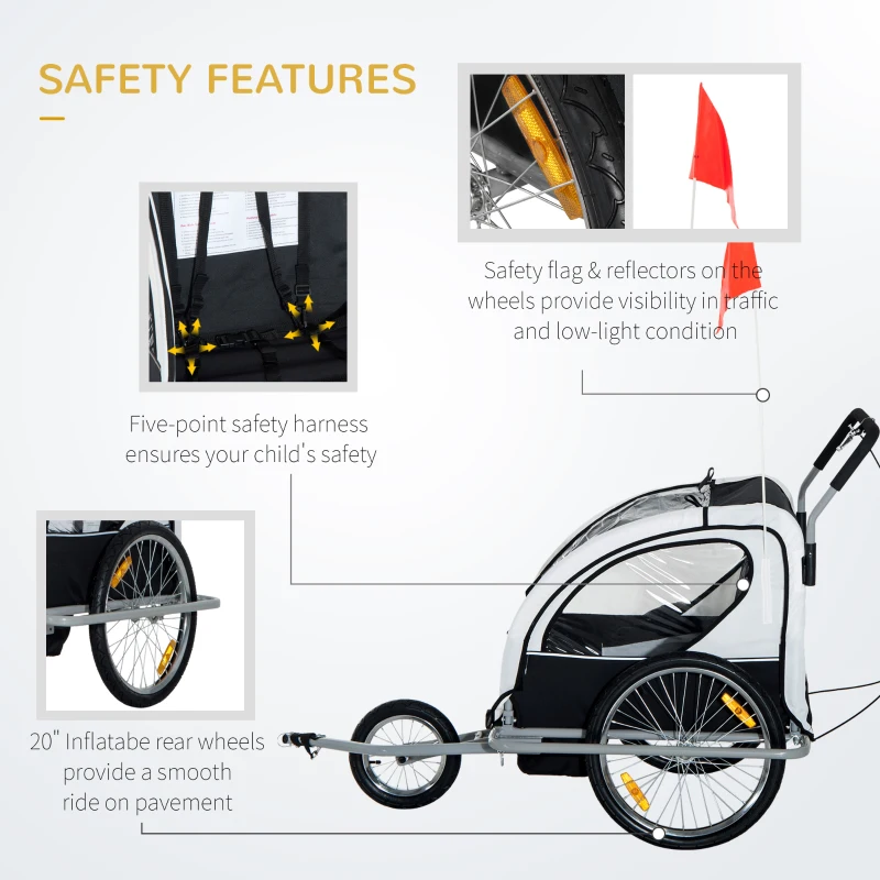 HOMCOM Collapsible Bike Trailer 2-Seater Child Stroller Baby Jogger with Pivot Wheel-White