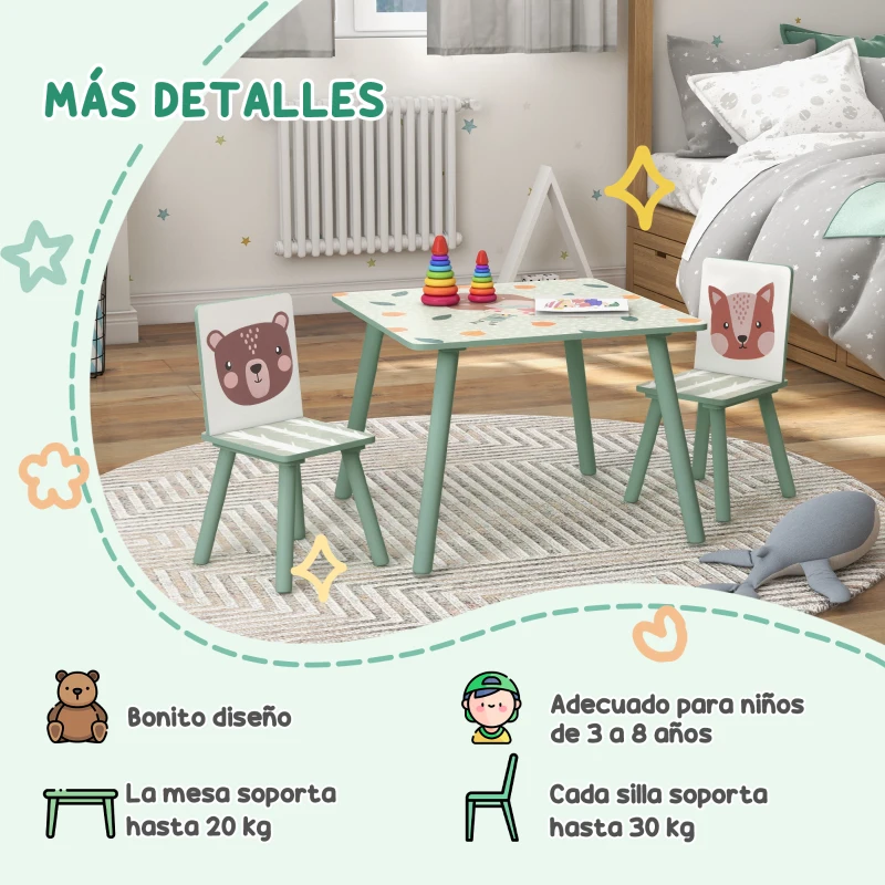 ZONEKIZ Set de Mesa y 2 Sillas Conjunto de Muebles Infantiles de 3 Piezas para Niños de +3 Años con Estampado Animales y Verde