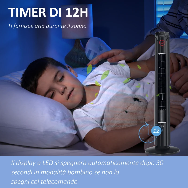HOMCOM Ventilatore a Torre con 3 Velocità e 4 Modalità, Timer di 12h, Pannello LED e Telecomando, Nero